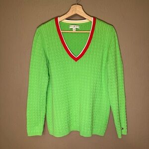 Vintage Y2K Lime Green Tommy Hilfiger Women's Cable Knit V-neck Sweater Size 1X